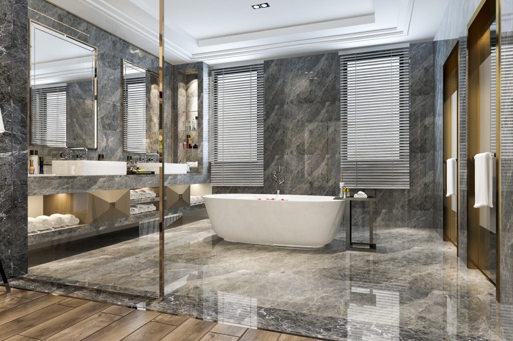 3d rendering classic modern bathroom with luxury tile decor
